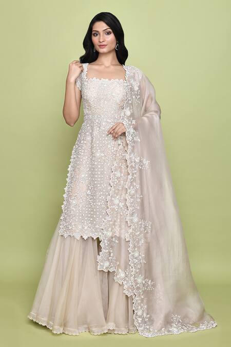 Shop Anushree Reddy Beige Cotton, Georgette, Chiffon Beads, Embroidery Floral Kurta Gharara Set Online at Aza Fashions Shop_Anushree Reddy_Beige Cotton, Georgette, Chiffon Beads, Embroidery Floral Kurta Gharara Set _Online_at_Aza_Fashions
