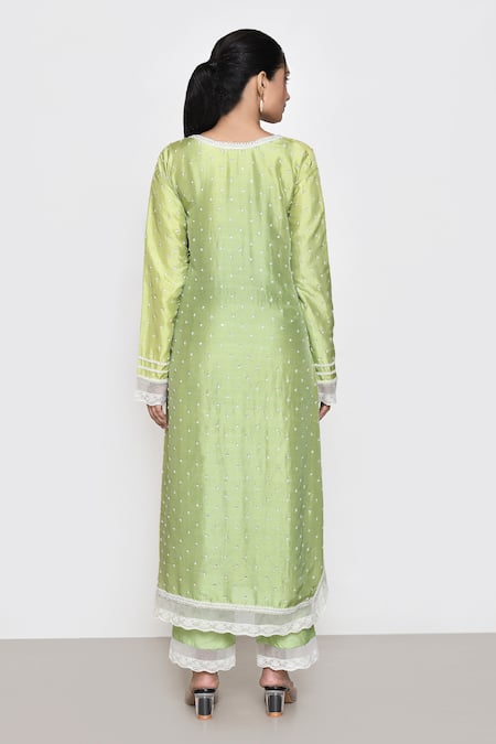 Shop Anushree Reddy Green Cotton, Chiffon Lace, Tassels Collared Floral Embroidered Kurta Pant Set at Aza Fashions Shop_Anushree Reddy_Green Cotton, Chiffon Lace, Tassels Collared Floral Embroidered Kurta Pant Set _at_Aza_Fashions