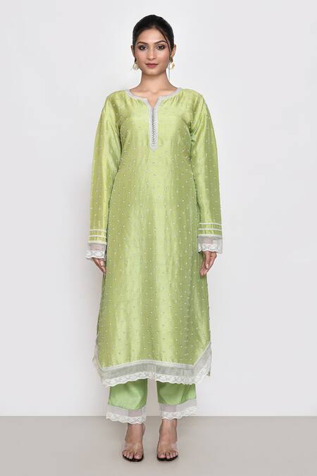 Buy Anushree Reddy Green Cotton, Chiffon Lace, Tassels Collared Floral Embroidered Kurta Pant Set Online at Aza Fashions Buy_Anushree Reddy_Green Cotton, Chiffon Lace, Tassels Collared Floral Embroidered Kurta Pant Set _Online_at_Aza_Fashions