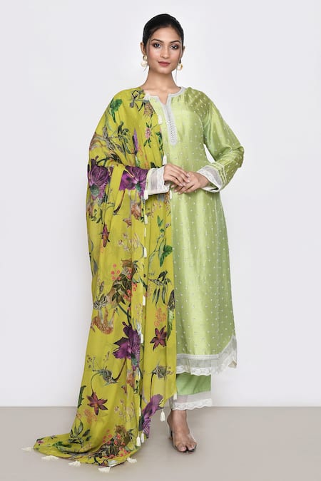Shop Anushree Reddy Green Cotton, Chiffon Lace, Tassels Collared Floral Embroidered Kurta Pant Set Online at Aza Fashions Shop_Anushree Reddy_Green Cotton, Chiffon Lace, Tassels Collared Floral Embroidered Kurta Pant Set _Online_at_Aza_Fashions