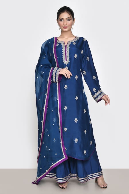 Anushree Reddy Blue Embroidered Flower Notched Kurta Palazzo Set