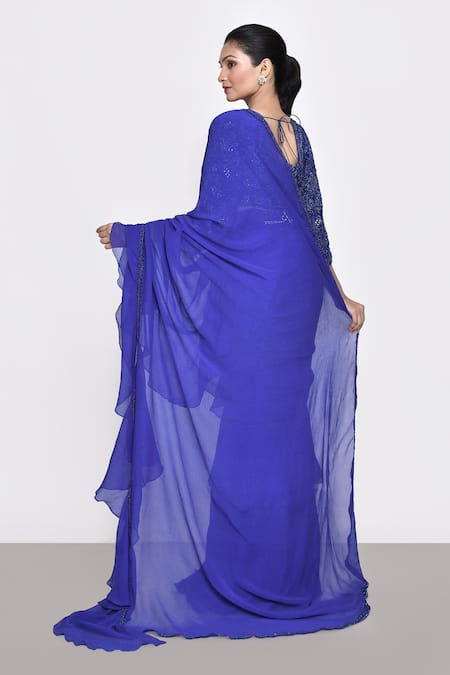 Shop Sana Barreja Blue Chiffon, Georgette Embroidery, Clara Pre-draped Ruffle Saree With Blouse at Aza Fashions Shop_Sana Barreja_Blue Chiffon, Georgette Embroidery, Clara Pre-draped Ruffle Saree With Blouse _at_Aza_Fashions