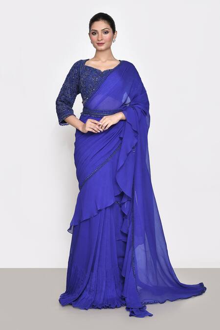 Sana Barreja Blue Chiffon, Georgette Embroidery, Clara Pre-draped Ruffle Saree With Blouse Online at Aza Fashions Sana Barreja_Blue Chiffon, Georgette Embroidery, Clara Pre-draped Ruffle Saree With Blouse _Online_at_Aza_Fashions