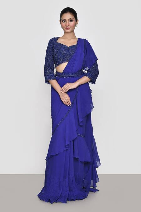 Shop Sana Barreja Blue Chiffon, Georgette Embroidery, Clara Pre-draped Ruffle Saree With Blouse Online at Aza Fashions Shop_Sana Barreja_Blue Chiffon, Georgette Embroidery, Clara Pre-draped Ruffle Saree With Blouse _Online_at_Aza_Fashions