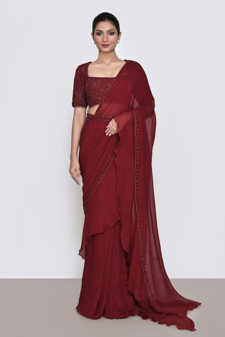 Sana Barreja Red Embroidered Floral Square Gatha Pre-draped Saree With Blouse  