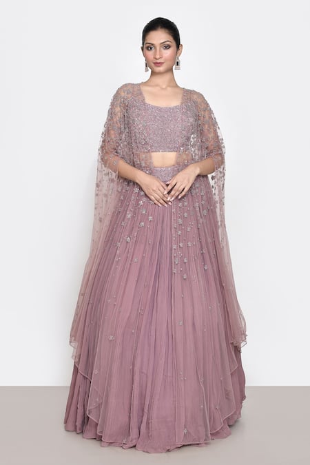 COUTURE BY NIHARIKA Purple Embroidered Floral Blouse Scoop Cape And Lehenga Set 