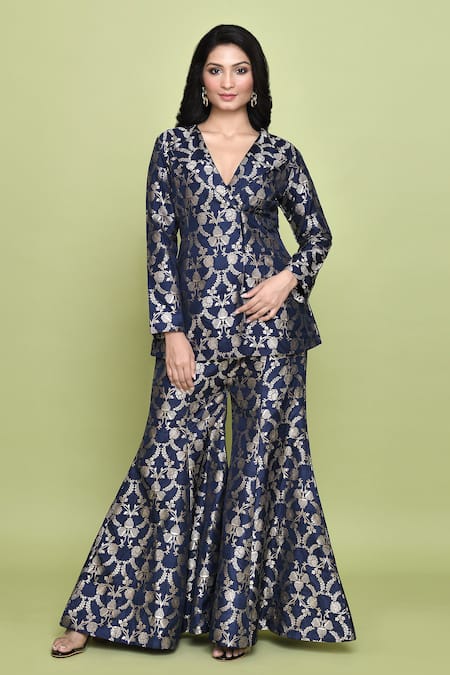 VISHWA BY PINKI SINHA Blue Woven Floral Notched Peak Lapel Blazer And Sharara Set 