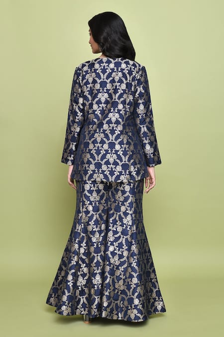 Shop Vishwa By Pinki Sinha Blue Silk Embroidery Floral Woven Blazer And Sharara Set at Aza Fashions Shop_Vishwa By Pinki Sinha_Blue Silk Embroidery Floral Woven Blazer And Sharara Set _at_Aza_Fashions