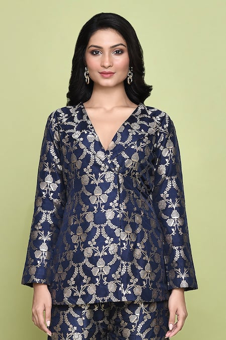 Vishwa By Pinki Sinha Blue Silk Embroidery Floral Woven Blazer And Sharara Set Online at Aza Fashions Vishwa By Pinki Sinha_Blue Silk Embroidery Floral Woven Blazer And Sharara Set _Online_at_Aza_Fashions