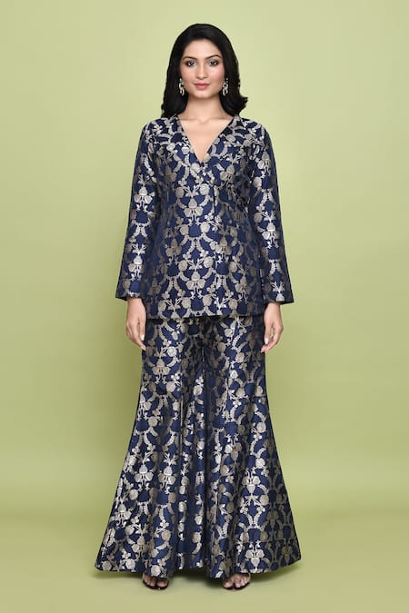 Buy Vishwa By Pinki Sinha Blue Silk Embroidery Floral Woven Blazer And Sharara Set Online at Aza Fashions Buy_Vishwa By Pinki Sinha_Blue Silk Embroidery Floral Woven Blazer And Sharara Set _Online_at_Aza_Fashions