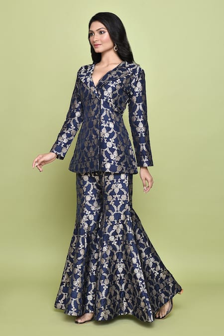 Shop Vishwa By Pinki Sinha Blue Silk Embroidery Floral Woven Blazer And Sharara Set Online at Aza Fashions Shop_Vishwa By Pinki Sinha_Blue Silk Embroidery Floral Woven Blazer And Sharara Set _Online_at_Aza_Fashions