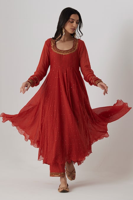 Shop Rhua Red Muslin, Cotton, Organza, Silk Embroidery Round Mitali Mukaish Anarkali Set at Aza Fashions Shop_Rhua_Red Muslin, Cotton, Organza, Silk Embroidery Round Mitali Mukaish Anarkali Set _at_Aza_Fashions