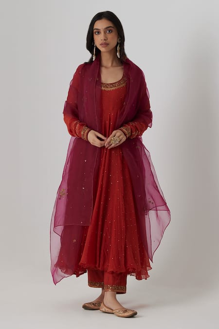 Rhua Red Muslin, Cotton, Organza, Silk Embroidery Round Mitali Mukaish Anarkali Set Online at Aza Fashions Rhua_Red Muslin, Cotton, Organza, Silk Embroidery Round Mitali Mukaish Anarkali Set _Online_at_Aza_Fashions