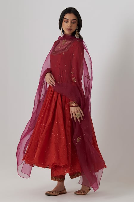 Buy Rhua Red Muslin, Cotton, Organza, Silk Embroidery Round Mitali Mukaish Anarkali Set Online at Aza Fashions Buy_Rhua_Red Muslin, Cotton, Organza, Silk Embroidery Round Mitali Mukaish Anarkali Set _Online_at_Aza_Fashions