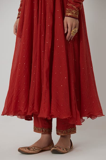 Shop Rhua Red Muslin, Cotton, Organza, Silk Embroidery Round Mitali Mukaish Anarkali Set Online at Aza Fashions Shop_Rhua_Red Muslin, Cotton, Organza, Silk Embroidery Round Mitali Mukaish Anarkali Set _Online_at_Aza_Fashions