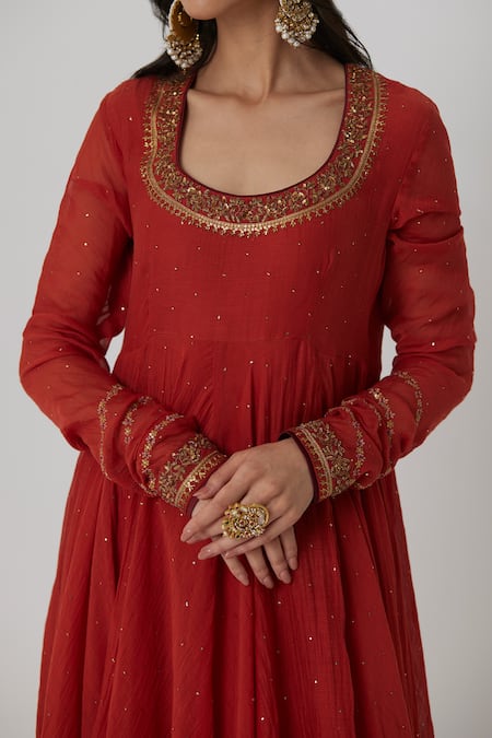 Rhua Red Muslin, Cotton, Organza, Silk Embroidery Round Mitali Mukaish Anarkali Set at Aza Fashions Rhua_Red Muslin, Cotton, Organza, Silk Embroidery Round Mitali Mukaish Anarkali Set _at_Aza_Fashions