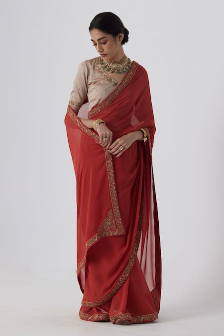 Rhua India Pavki Bloom Aari Zardozi Border Saree With Blouse 