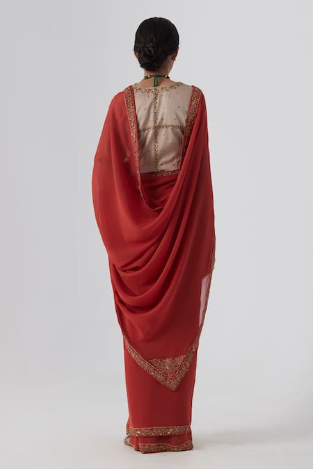 Shop Rhua Orange Georgette, Satin, Pavki Bloom Aari Zardozi Border Saree With Blouse at Aza Fashions Shop_Rhua_Orange Georgette, Satin, Pavki Bloom Aari Zardozi Border Saree With Blouse _at_Aza_Fashions