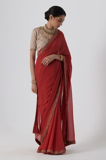 Rhua Orange Georgette, Satin, Pavki Bloom Aari Zardozi Border Saree With Blouse Online at Aza Fashions Rhua_Orange Georgette, Satin, Pavki Bloom Aari Zardozi Border Saree With Blouse _Online_at_Aza_Fashions