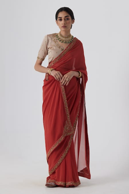 Buy Rhua Orange Georgette, Satin, Pavki Bloom Aari Zardozi Border Saree With Blouse Online at Aza Fashions Buy_Rhua_Orange Georgette, Satin, Pavki Bloom Aari Zardozi Border Saree With Blouse _Online_at_Aza_Fashions