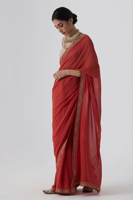Shop Rhua Orange Georgette, Satin, Pavki Bloom Aari Zardozi Border Saree With Blouse Online at Aza Fashions Shop_Rhua_Orange Georgette, Satin, Pavki Bloom Aari Zardozi Border Saree With Blouse _Online_at_Aza_Fashions