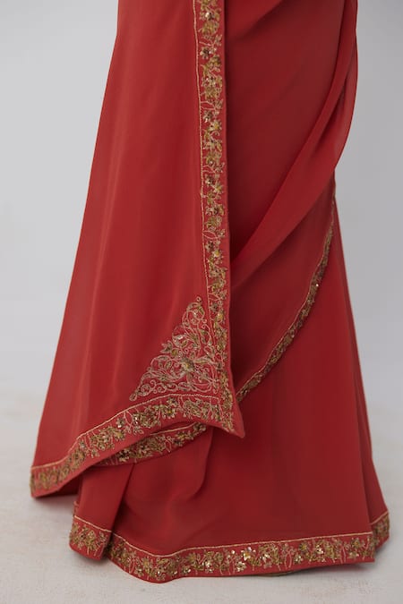 Rhua Orange Georgette, Satin, Pavki Bloom Aari Zardozi Border Saree With Blouse at Aza Fashions Rhua_Orange Georgette, Satin, Pavki Bloom Aari Zardozi Border Saree With Blouse _at_Aza_Fashions