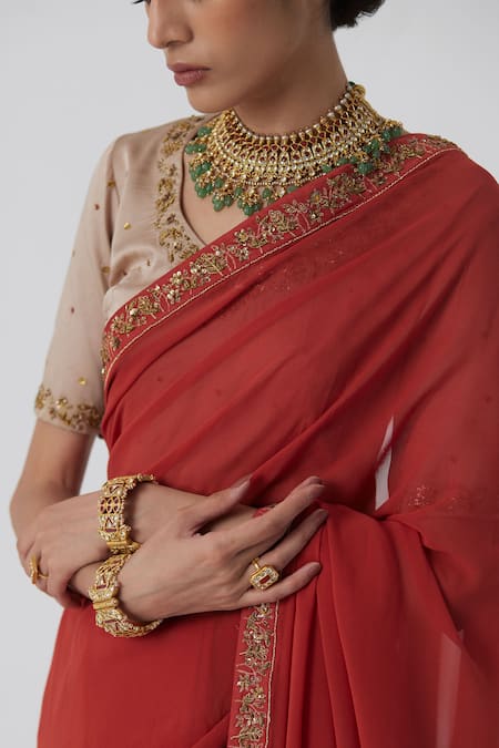 Buy Rhua Orange Georgette, Satin, Pavki Bloom Aari Zardozi Border Saree With Blouse Buy_Rhua_Orange Georgette, Satin, Pavki Bloom Aari Zardozi Border Saree With Blouse