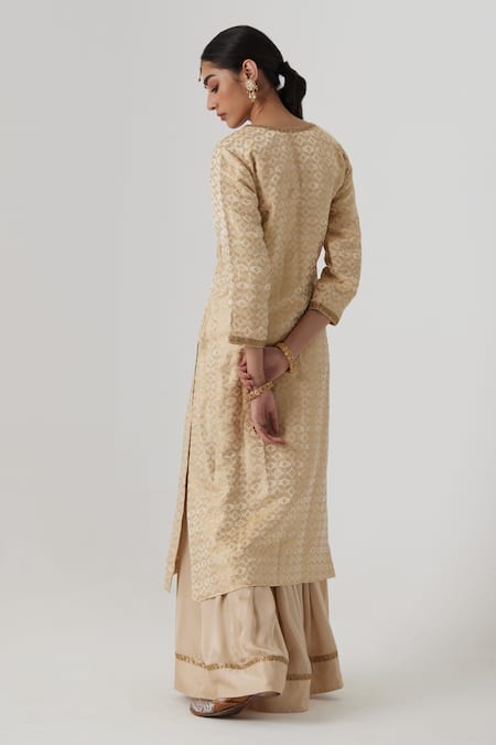 Shop Rhua Ivory Silk, Brocade, Satin, Chiffon Prisha Bloom Jaal Woven Kurta Sharara Set at Aza Fashions Shop_Rhua_Ivory Silk, Brocade, Satin, Chiffon Prisha Bloom Jaal Woven Kurta Sharara Set _at_Aza_Fashions