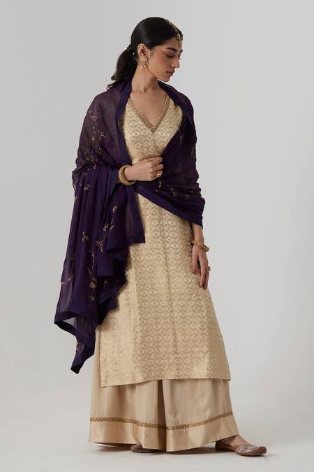 Rhua Ivory Silk, Brocade, Satin, Chiffon Prisha Bloom Jaal Woven Kurta Sharara Set Online at Aza Fashions Rhua_Ivory Silk, Brocade, Satin, Chiffon Prisha Bloom Jaal Woven Kurta Sharara Set _Online_at_Aza_Fashions