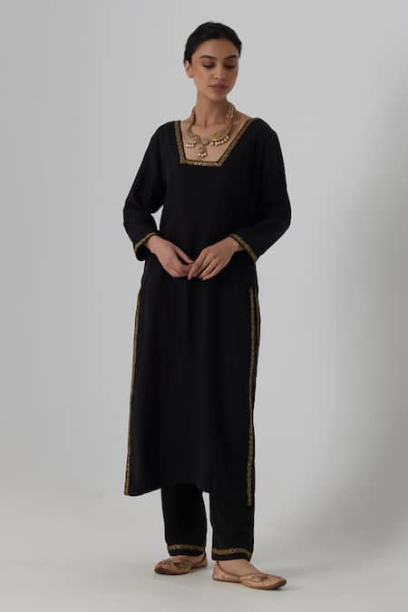 Rhua_Black Silk, Net Embroidery Collared Yashika Fleur Border Kurta Pant Set _Online_at_Aza_Fashions