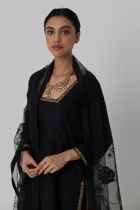 Shop_Rhua_Black Silk, Net Embroidery Collared Yashika Fleur Border Kurta Pant Set _Online_at_Aza_Fashions