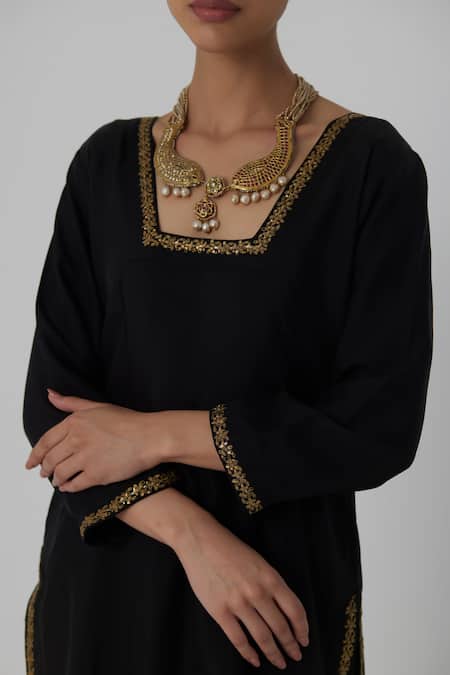 Rhua_Black Silk, Net Embroidery Collared Yashika Fleur Border Kurta Pant Set _at_Aza_Fashions