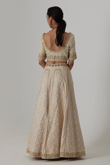 Shop_Rhua_Off White Silk, Brocade, Organza Embroidery, Sunehri Bloom Crest Lehenga Set _at_Aza_Fashions