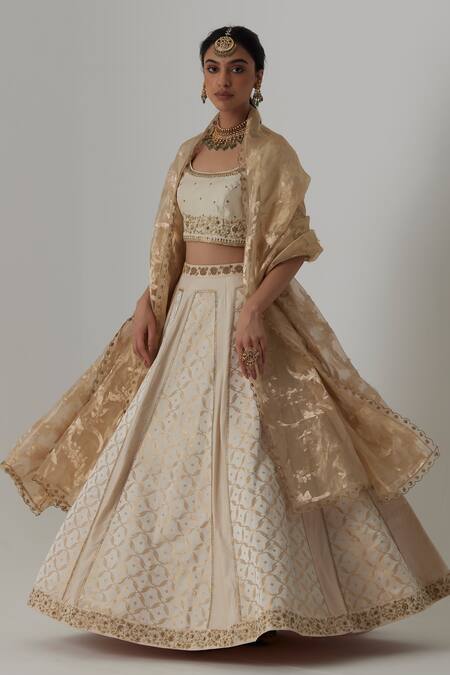 Rhua_Off White Silk, Brocade, Organza Embroidery, Sunehri Bloom Crest Lehenga Set _Online_at_Aza_Fashions