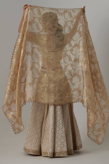 Buy_Rhua_Off White Silk, Brocade, Organza Embroidery, Sunehri Bloom Crest Lehenga Set _Online_at_Aza_Fashions