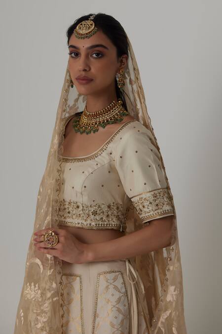 Shop_Rhua_Off White Silk, Brocade, Organza Embroidery, Sunehri Bloom Crest Lehenga Set _Online_at_Aza_Fashions