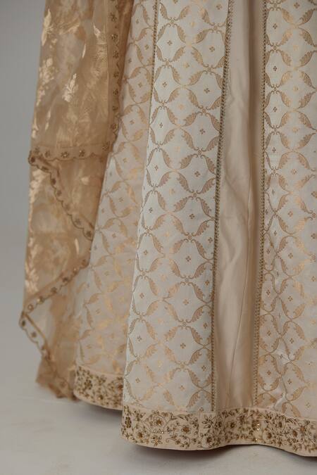 Rhua_Off White Silk, Brocade, Organza Embroidery, Sunehri Bloom Crest Lehenga Set _at_Aza_Fashions