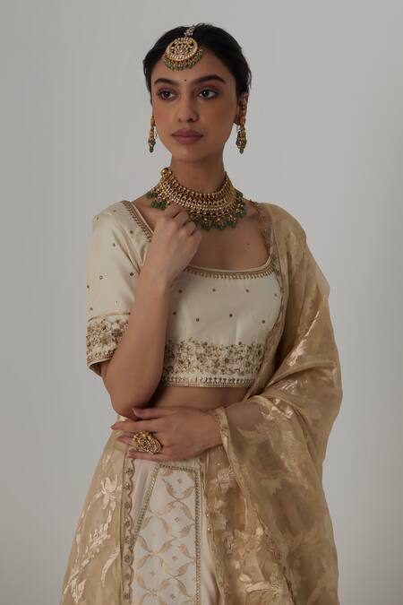 Buy_Rhua_Off White Silk, Brocade, Organza Embroidery, Sunehri Bloom Crest Lehenga Set 