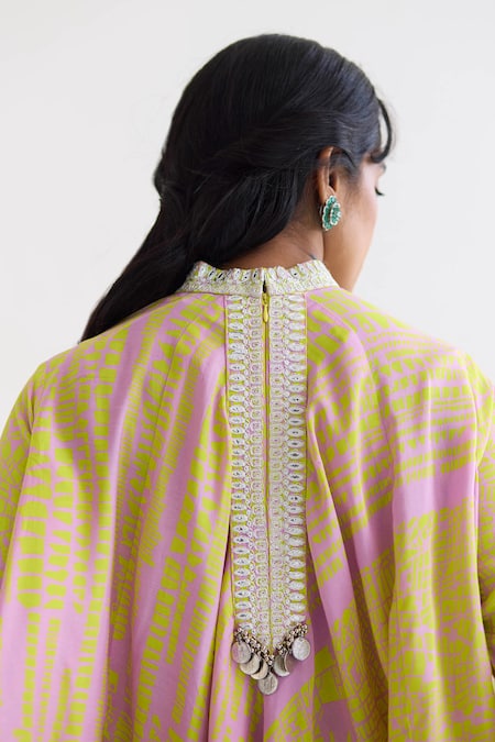 Inej_Yellow Cotton, Silk Tassels, Geometric Print Draped Top And Bell Bottom Pant Set _Online_at_Aza_Fashions