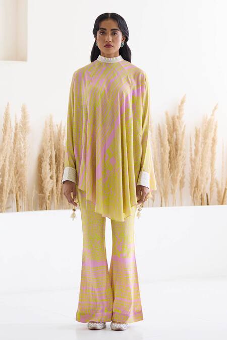 Buy_Inej_Yellow Cotton, Silk Tassels, Geometric Print Draped Top And Bell Bottom Pant Set _Online_at_Aza_Fashions