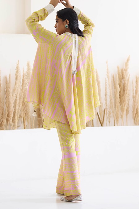 Inej_Yellow Cotton, Silk Tassels, Geometric Print Draped Top And Bell Bottom Pant Set _at_Aza_Fashions
