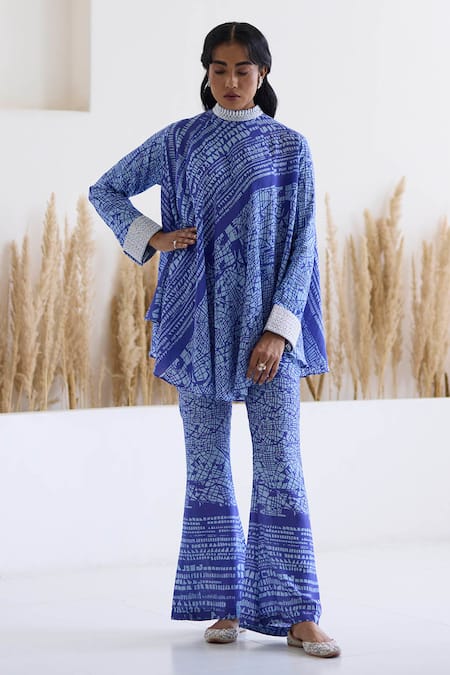 Inej Blue Cotton Silk Printed Abstract High Neck Draped Top And Bell Bottom Pant Set 