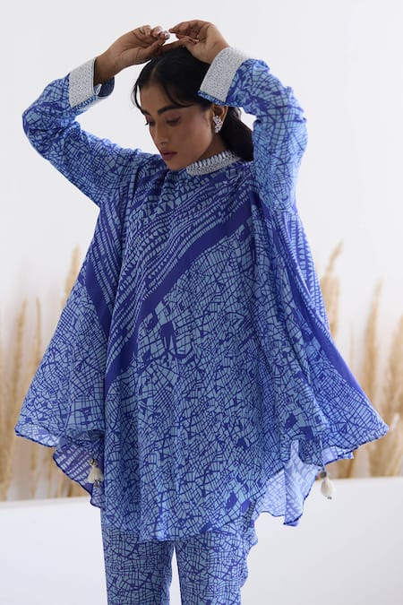 Inej_Blue Cotton, Silk Tassels, Abstract Print Draped Top And Bell Bottom Pant Set _Online_at_Aza_Fashions