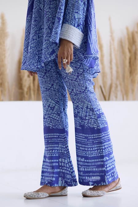 Buy_Inej_Blue Cotton, Silk Tassels, Abstract Print Draped Top And Bell Bottom Pant Set _Online_at_Aza_Fashions