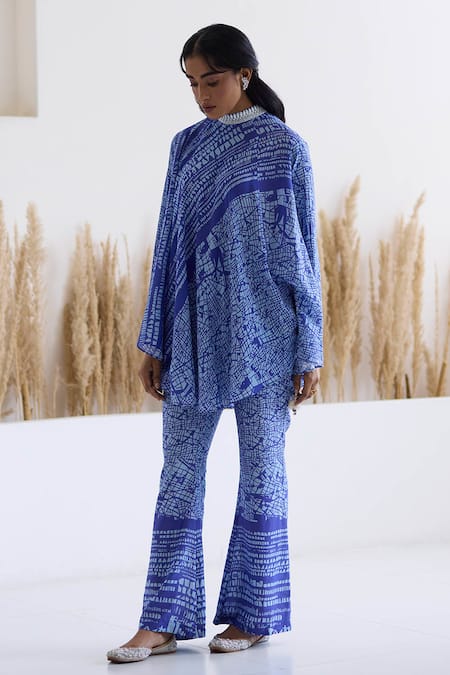 Shop_Inej_Blue Cotton, Silk Tassels, Abstract Print Draped Top And Bell Bottom Pant Set _Online_at_Aza_Fashions