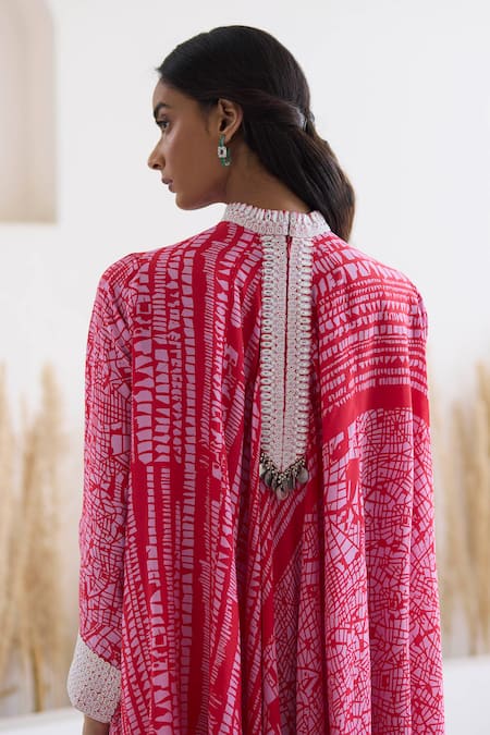 Shop Inej Red Cotton, Silk Tassels, Metallic Printed Draped Top And Bell Bottom Pant Set Online at Aza Fashions Shop_Inej_Red Cotton, Silk Tassels, Metallic Printed Draped Top And Bell Bottom Pant Set _Online_at_Aza_Fashions