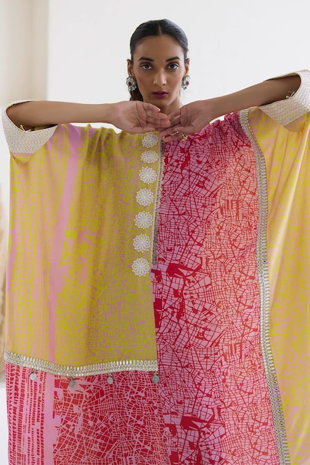 Shop Inej Multi Color Cotton, Silk Sequins, Metallic Thread Printed Kaftan And Pant Set Online at Aza Fashions Shop_Inej_Multi Color Cotton, Silk Sequins, Metallic Thread Printed Kaftan And Pant Set _Online_at_Aza_Fashions