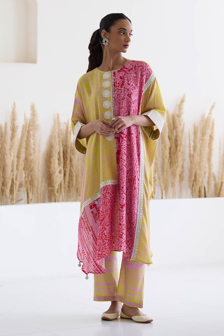 Inej Multi Color Cotton, Silk Sequins, Metallic Thread Printed Kaftan And Pant Set at Aza Fashions Inej_Multi Color Cotton, Silk Sequins, Metallic Thread Printed Kaftan And Pant Set _at_Aza_Fashions