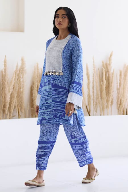 Buy_Inej_Blue Cotton, Silk Sequins, Metallic Kashmiri Geometric Print Kurta And Salwar Set _Online_at_Aza_Fashions