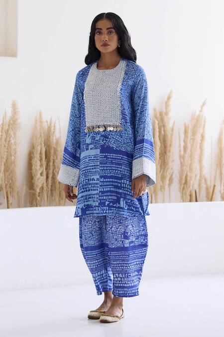 Shop_Inej_Blue Cotton, Silk Sequins, Metallic Kashmiri Geometric Print Kurta And Salwar Set _Online_at_Aza_Fashions